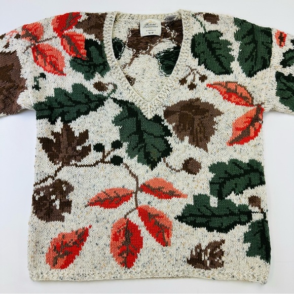 Vintage 90s autumn leaves Oversize Sweater Vneck Womens Medium - Picture 5 of 9